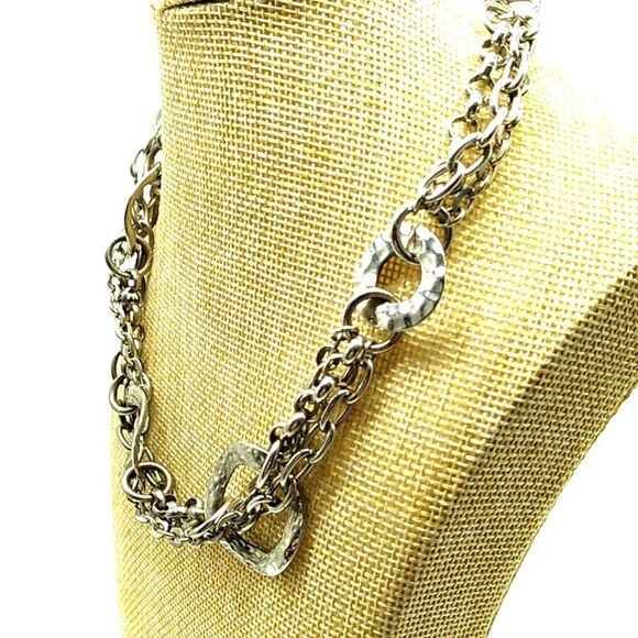 Triple Cable Link Silver-tone Necklace with Hammered Graduating Open Circles - Picture 3 of 8